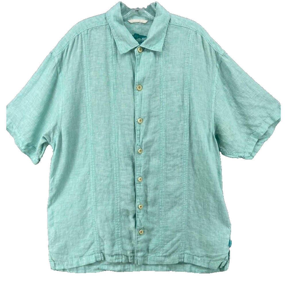 Tommy Bahama Shirt Men Sz L Green Aqua Linen Embroidered Short Sleeve Button-Up